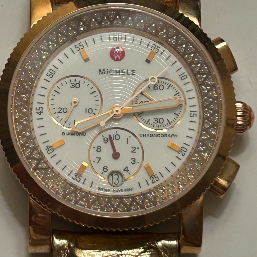 Michele Rose Gold Diamond Bezel Chronograph Watch with White Dial/ 96 Diamonds - Picture 2 of 13